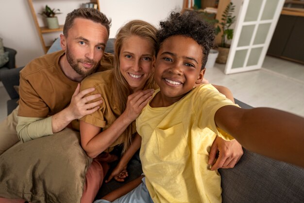 High angle smiley parents and kid