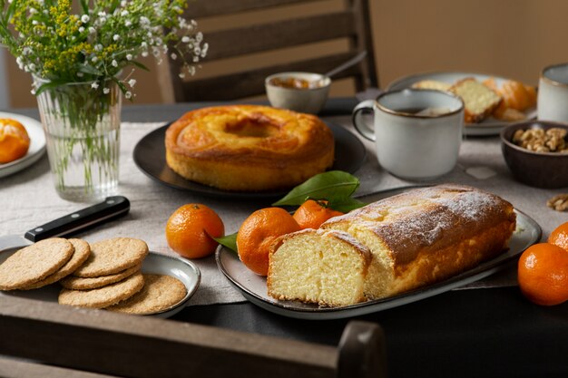 High angle snacks and fruits arrangement