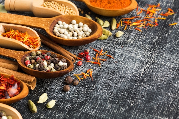 High angle spoons with spices powder