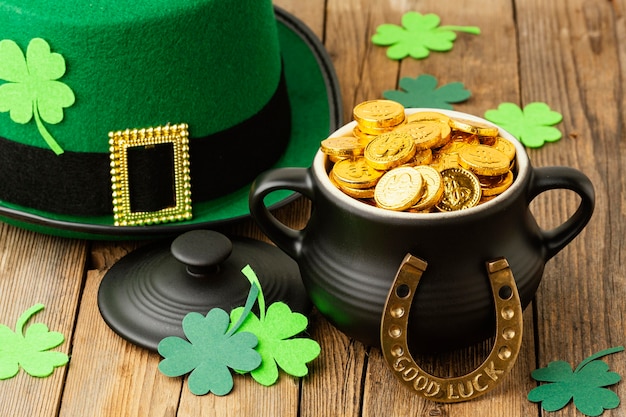 High angle st patrick items on wooden table