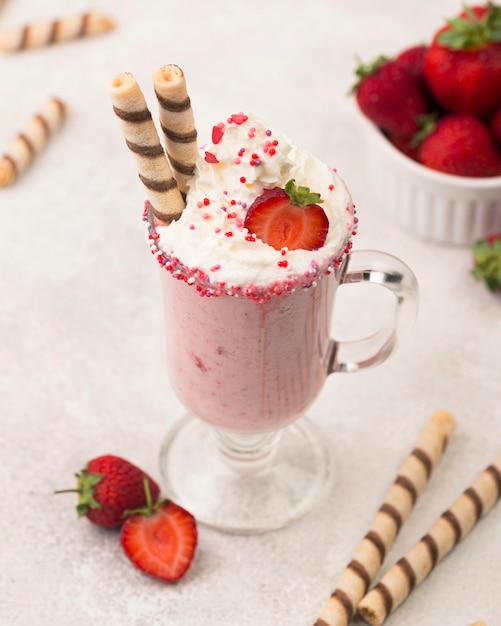 Free photo high angle of strawberry milkshake