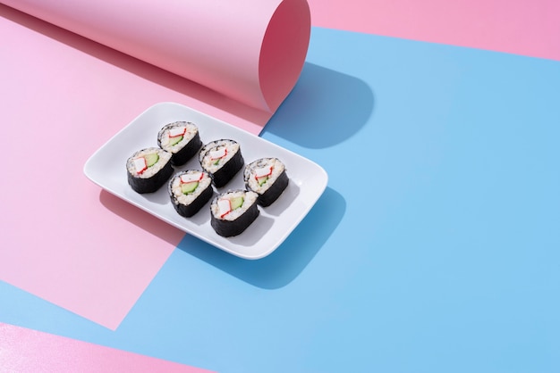 High angle sushi on plate arrangement