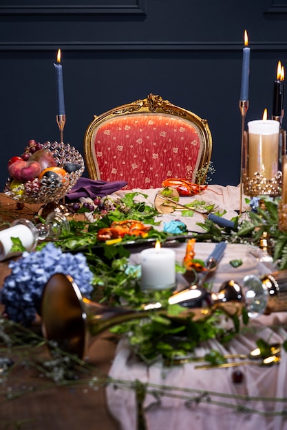 High angle table arrangement with food