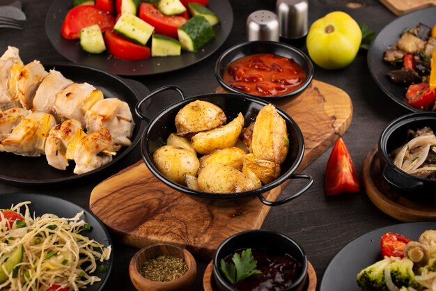 High angle table full of delicious food arrangement