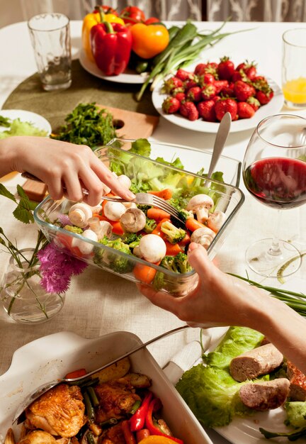 High angle of table with food