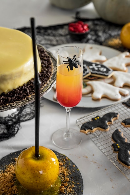 High angle table with treats for halloween