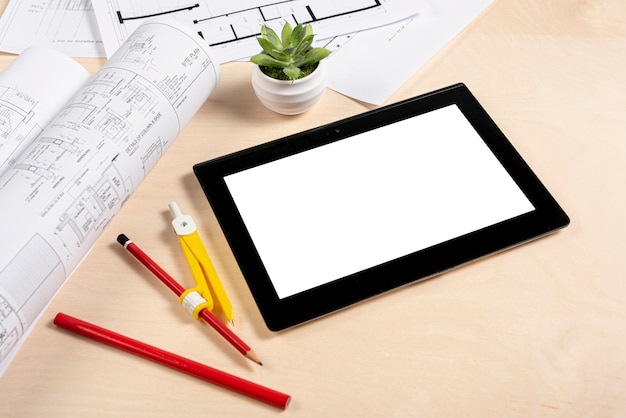 High angle tablet on desk mock-up