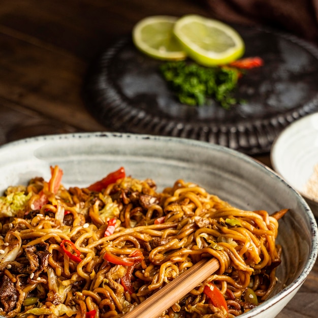 Free photo high angle tasty composition of noodles on a table