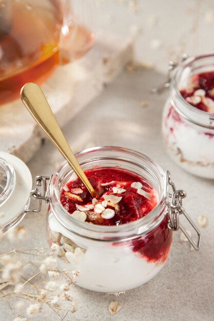 High angle tasty dessert in jars