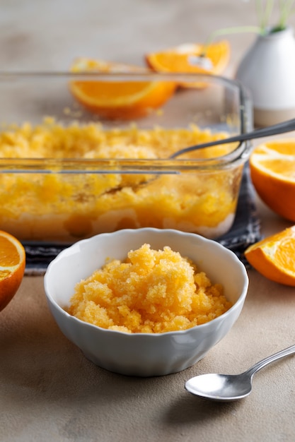 High angle tasty granita dessert with orange