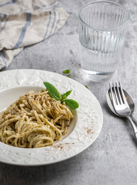 Free photo high angle tasty pasta plate