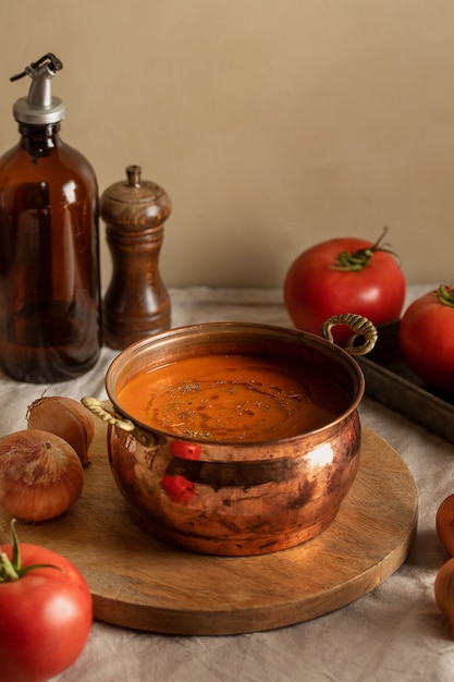 Free photo high angle tasty tomato cream soup