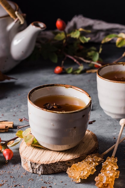 High angle tea in cup with crystallized sugar