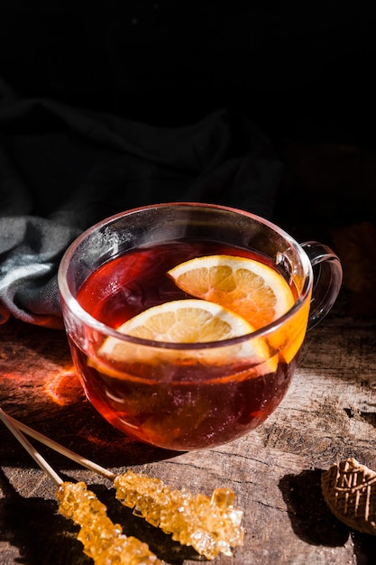 High angle tea with lemon slices