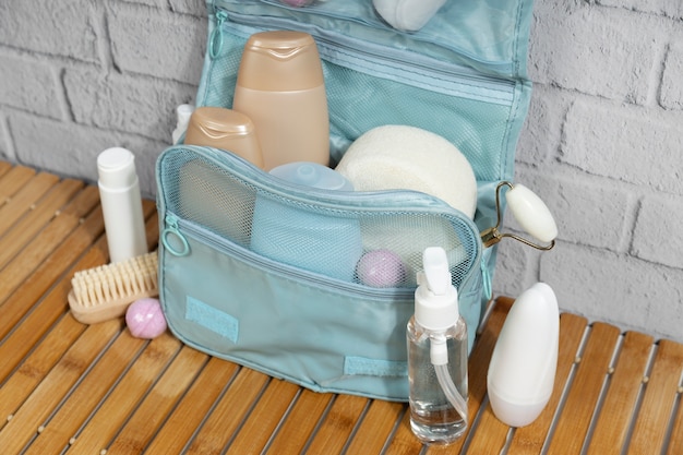 Free photo high angle toilet bag with products arrangement