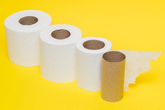 High angle of toilet paper rolls with cardboard core