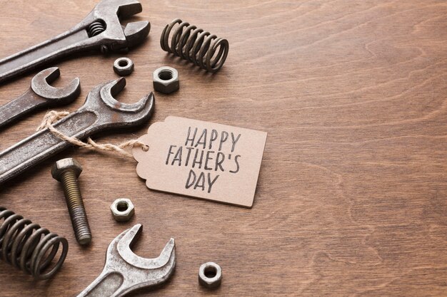 High angle tools on wooden background