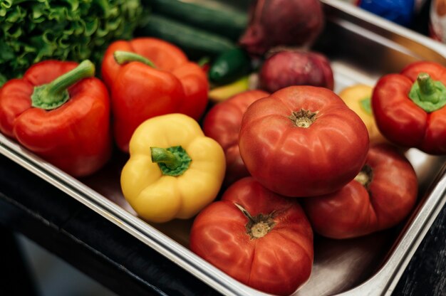 High angle of tray with fresh vegetables