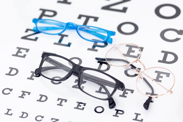 High angle of two pairs of glasses with letters