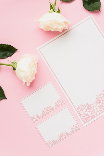 Free Photo high angle view of blank cards and white roses on pink surface