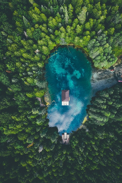 Free photo high angle view of a building in a lake surrounded by forests under a cloudy sky