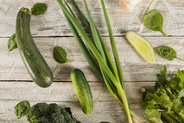 High angle view of fresh vegetables on wooden surface