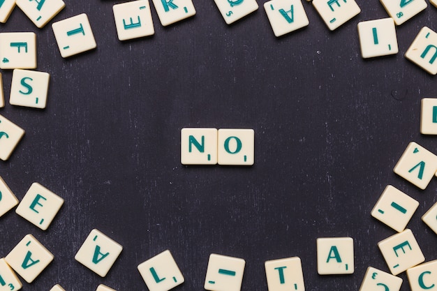 High angle view of no word with scrabble letters