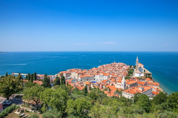 Free Photo high angle view of the town piran, slovenia on the body of the mediterranean