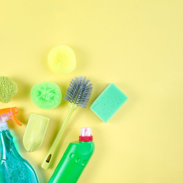 High angle view of various cleaning supplies