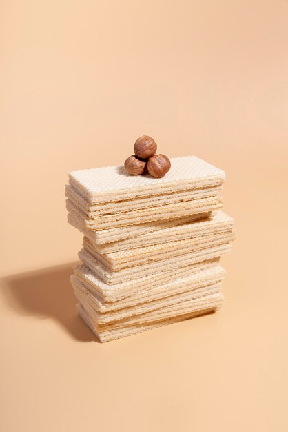 High angle of wafers with hazelnuts on top