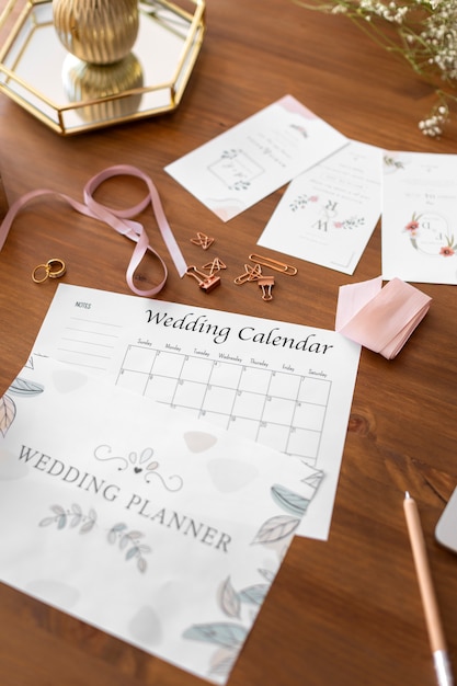 Free photo high angle wedding planning items arrangement