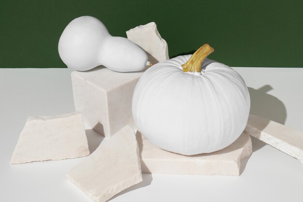 High angle white pumpkins arrangement