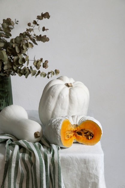 Free Photo high angle white pumpkins and leaves