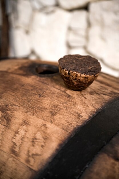 High angle wine barrel in cellar