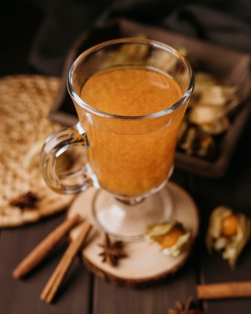 High angle winter hot drink in glass