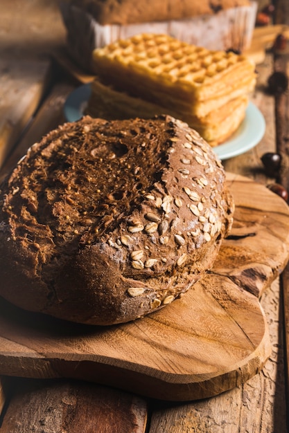 High angle with bread on a cutting table