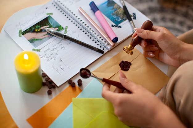 Free Photo high angle woman doing creative journaling