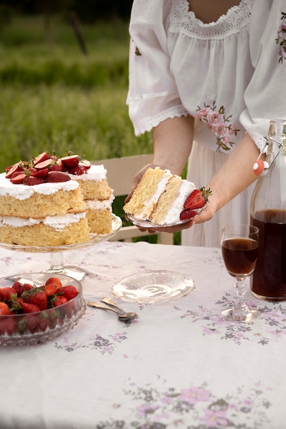 High angle woman holding cake slice