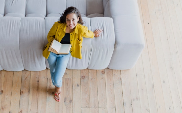 High angle woman looking at camera