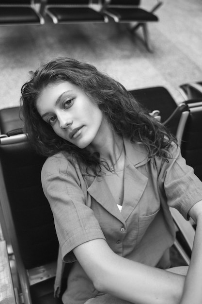 Free photo high angle woman posing on chair black and white