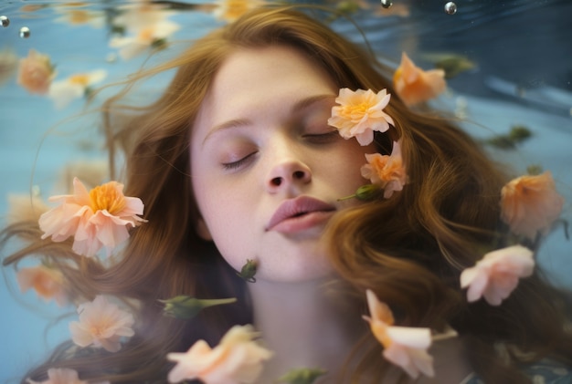 Free photo high angle woman posing with flowers