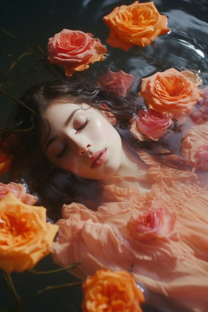 High angle woman posing with roses