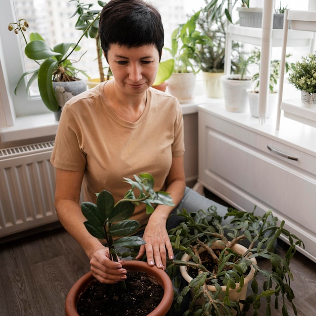 Free photo high angle of woman tending an indoor plant