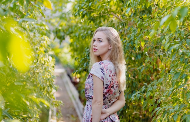 High angle woman walking through foliage