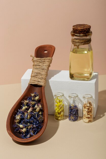 High angle wooden spoon with plants