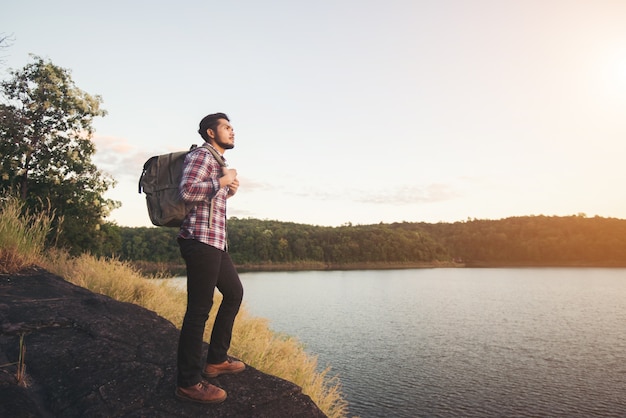 Free Photo high horizon lake climber together