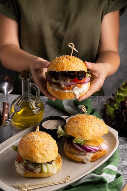 Free photo high protein meal of burgers close up detail