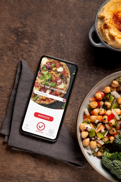 High protein meal with smartphone arrangement