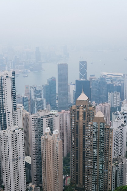 High skyscrapers densely situated at the coast of the ocean