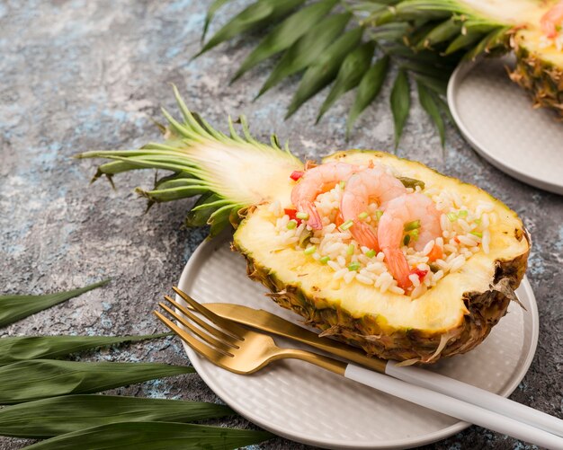 High view exotic food pineapple and shrimps